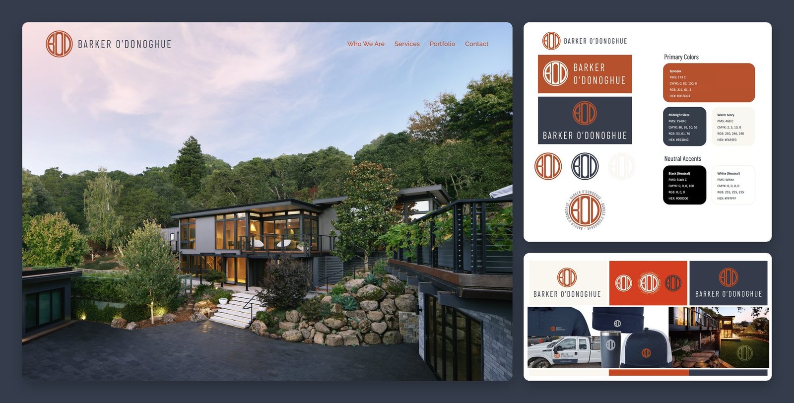 Barker O'Donoghue website, logo and color system, and the monogram on apparel, a truck, and drinkware