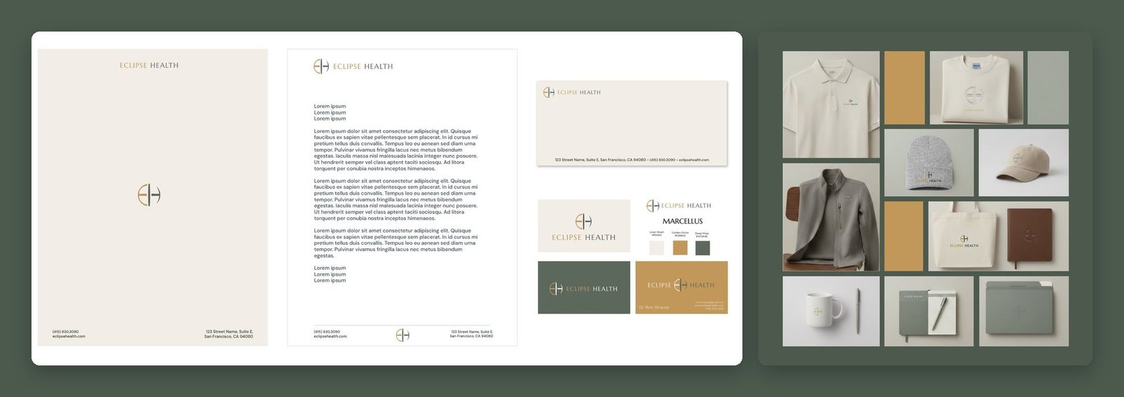 Eclipse Health stationery and palette beside the mark applied to apparel and objects