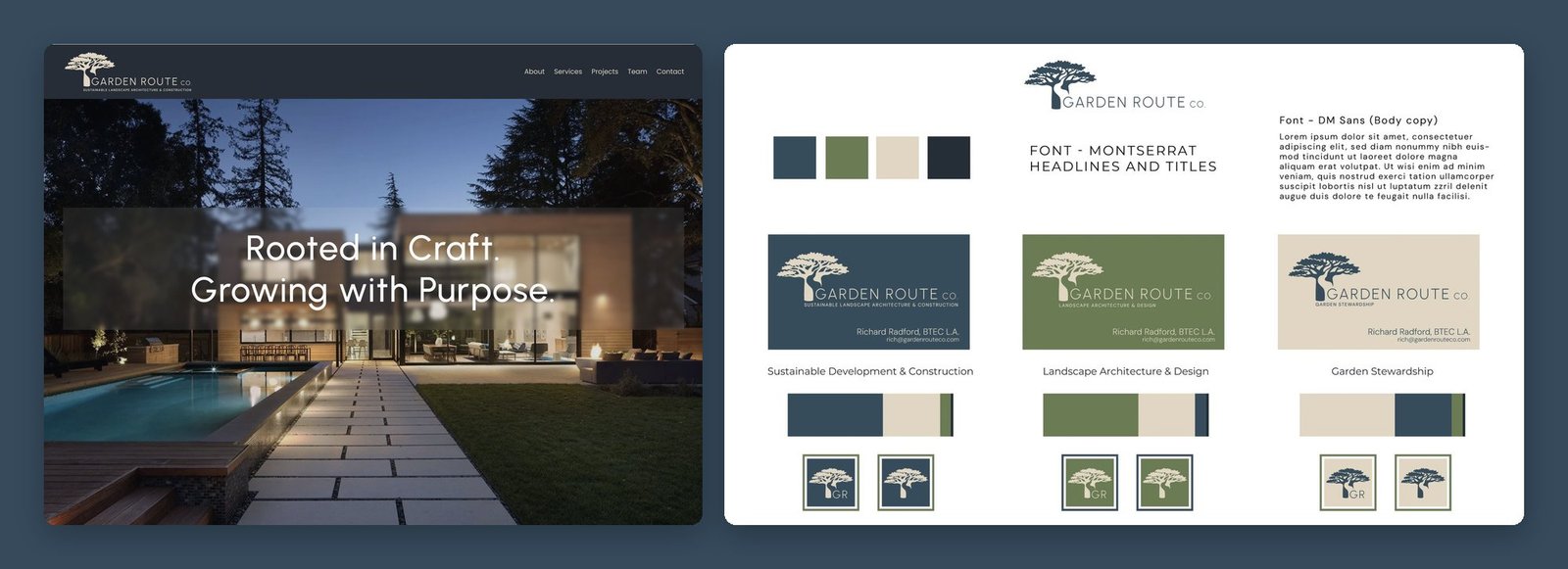 Garden Route Co website homepage beside the identity system with business cards for three service lines