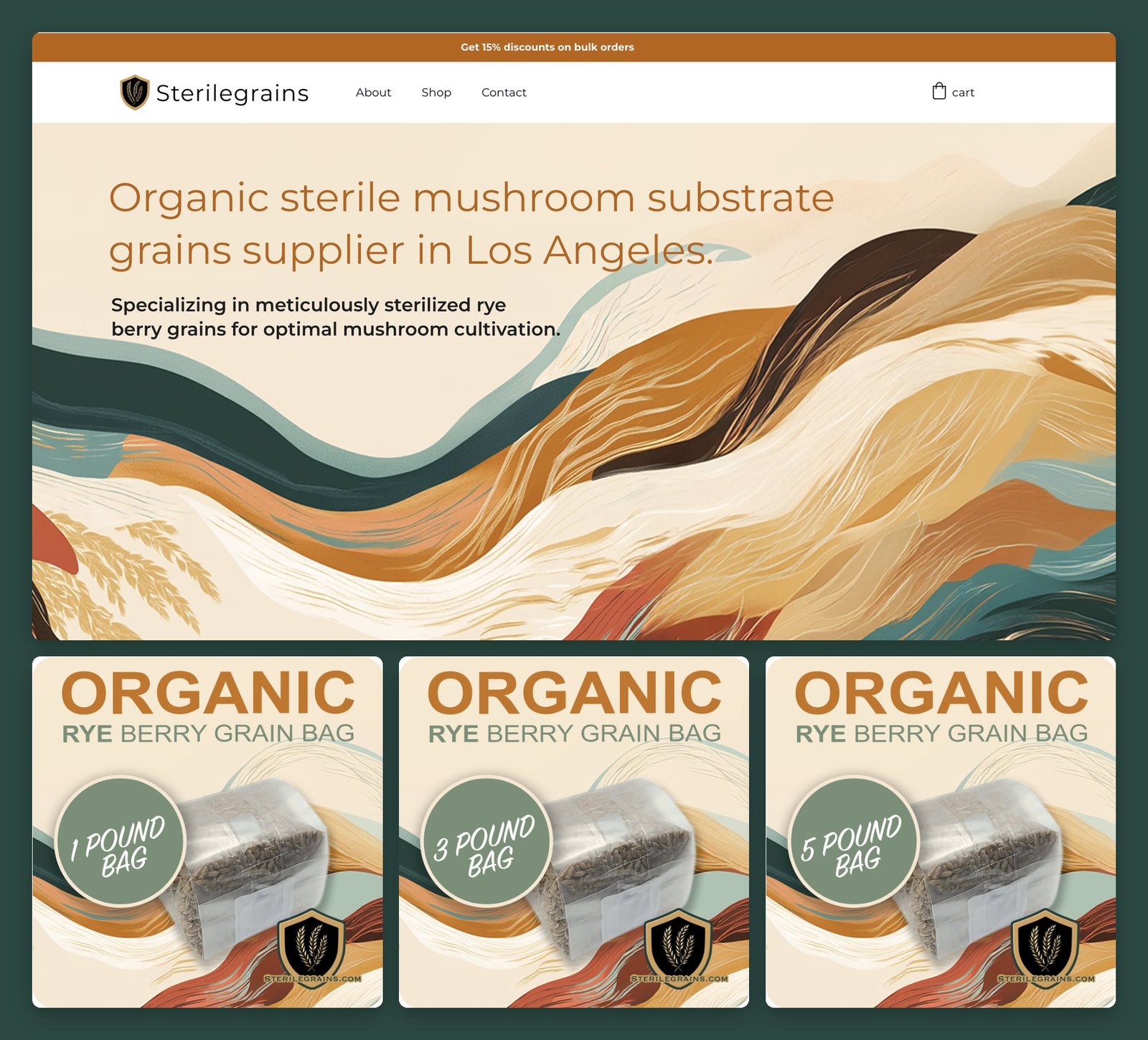 Sterile Grains website homepage above the 1, 3, and 5 pound grain bag designs