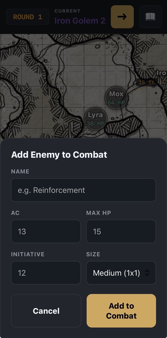 Add Enemy to Combat sheet with name, AC, max HP, initiative, and size fields