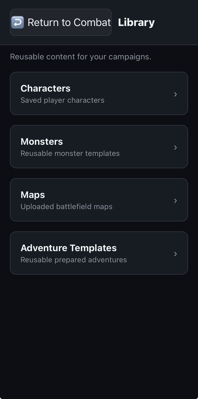 Library screen with characters, monsters, maps, and adventure templates