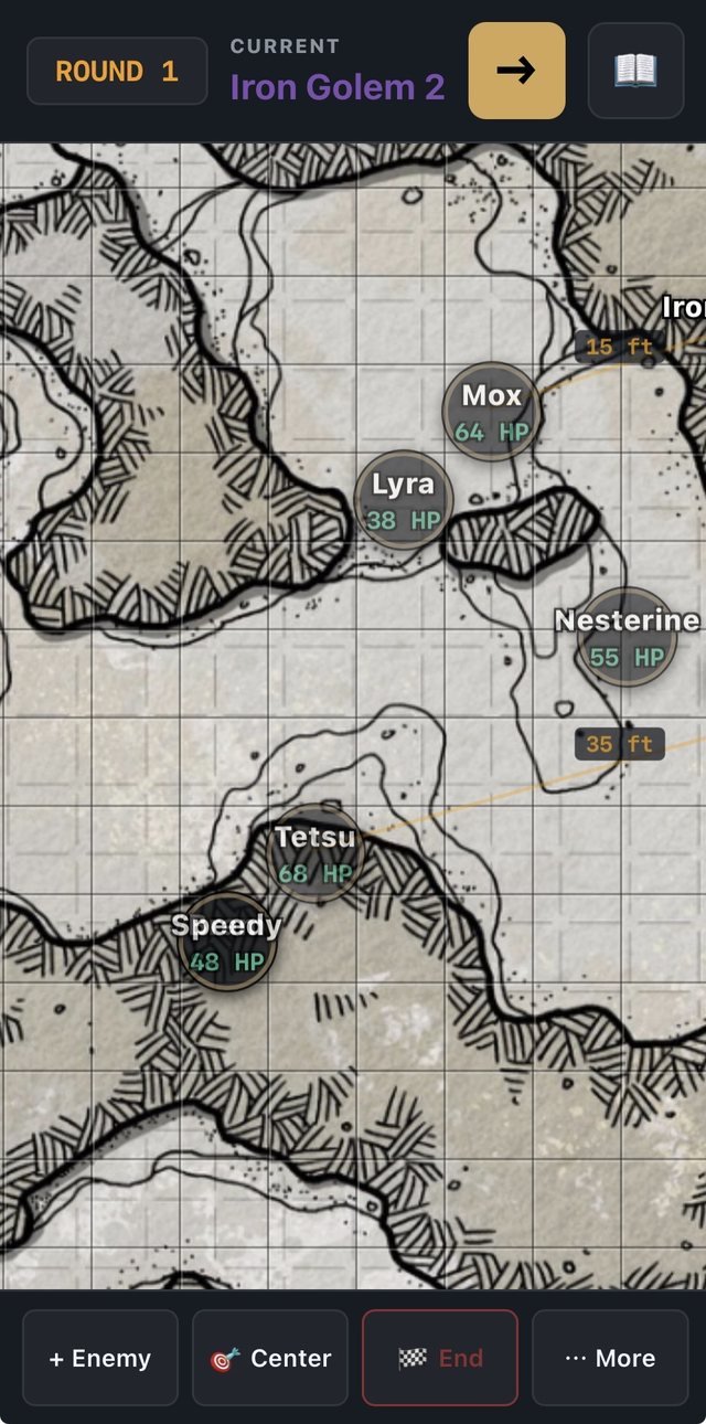 Combat view: round 1, current turn Iron Golem 2, characters placed on a hand-drawn battle map with distances
