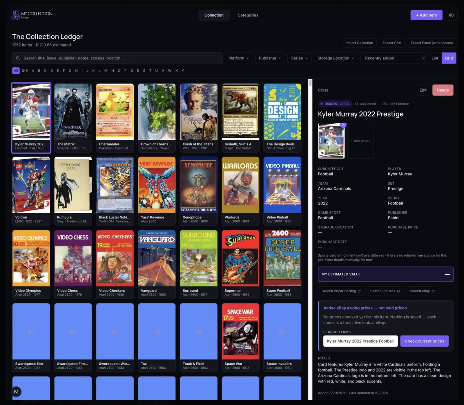My Collection Ledger desktop app: a grid of collection items with a detail panel for a trading card