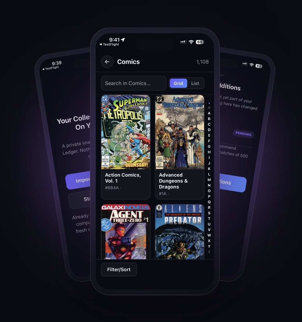 My Collection Ledger on iPhone, showing a comics collection in grid view