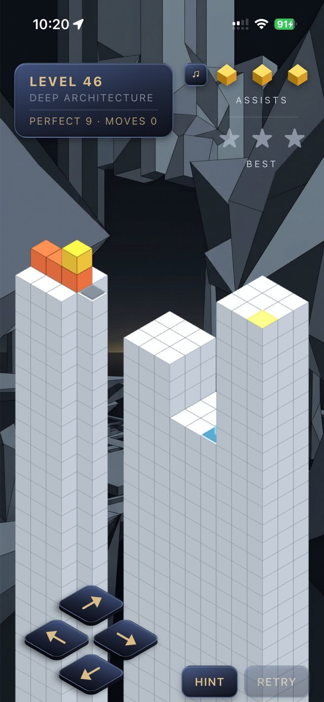 Tumbloid level 46, Deep Architecture, with three towers among dark crystal shapes