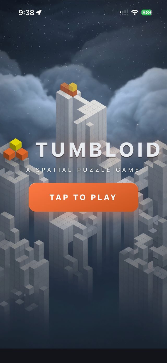 Tumbloid title screen with isometric towers above the clouds